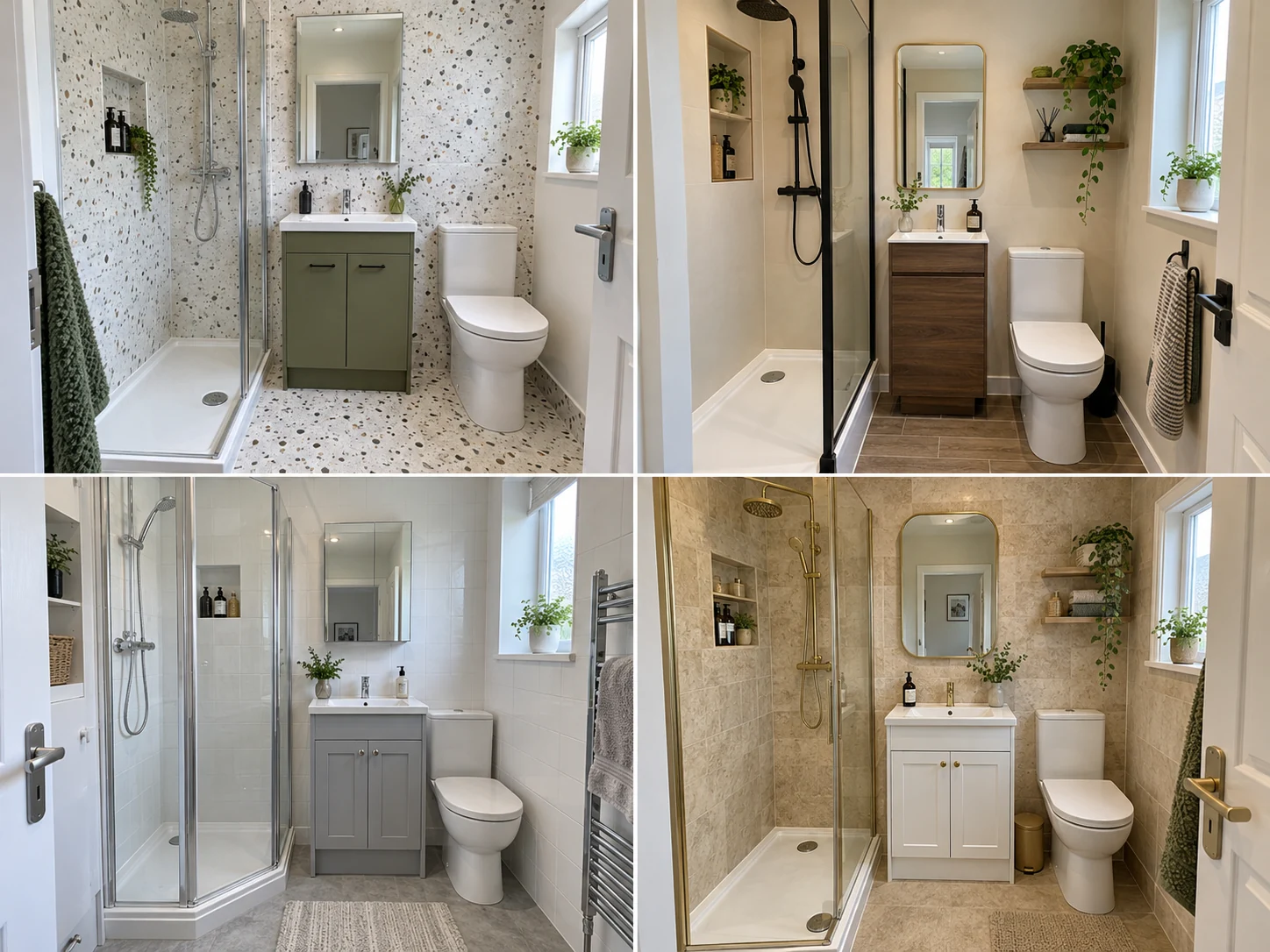 Compact shower room with cream walls, narrow walnut vanity, black shower screen